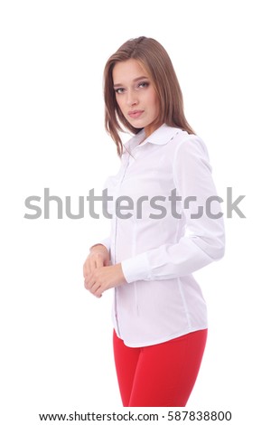 pretty young girl wearing white office blouse and red pants