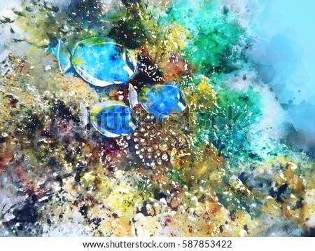 Watercolor painting of under water with fish and coral, digital illustration