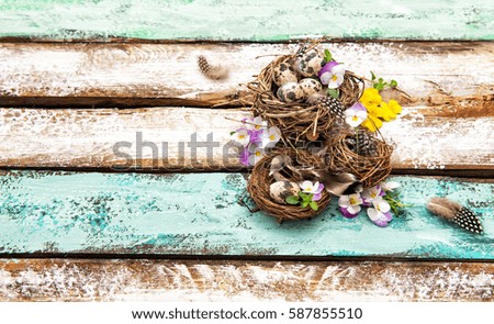 Easter eggs and pansy flowers. Holidays decoration on wooden background