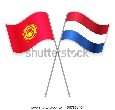 Kirgiz and Dutch crossed flags. Kyrgyzstan combined with Netherlands isolated on white. Language learning, international business or travel concept.
