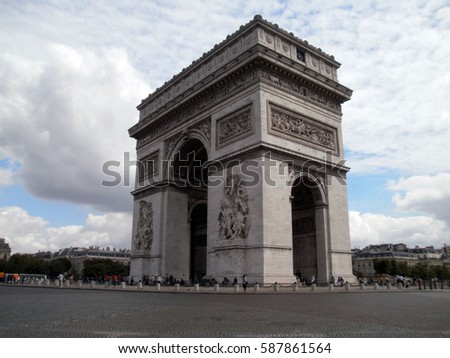 Paris, France - August 10th 2013 : Focus on the famous french Arc de triomphe. It was in the past an entrance on the Champs Elysees. In this picture, there is no car which is pretty rare in Paris.