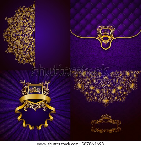 Set of luxury ornate backgrounds in vintage style. Elegant frame with floral elements, filigree ornament, gold crown, shield, ribbon, place for text on violet drapery fabric. Vector illustration EPS10