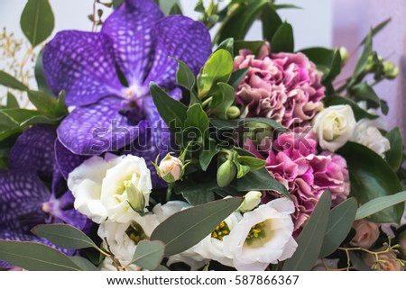 Flower box of different exotic flowers. Arrangement of  Vanda orchid, carnation, freesia flowers. Close up