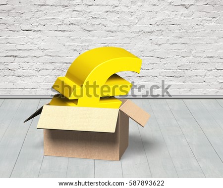 Golden Euro symbol in opened cardboard box, on brick wall and wooden floor indoors background.