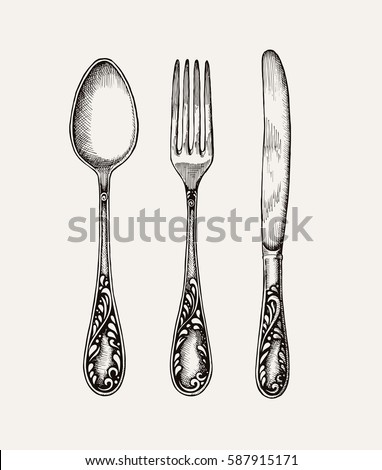 Silverware. Vintage spoon, fork and knife. Royalty-Free Stock Photo #587915171