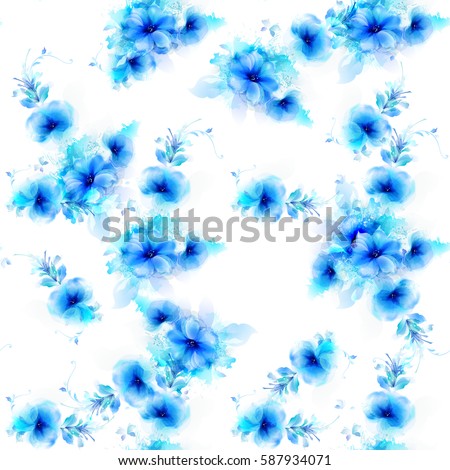 Seamless pattern with blue abstract flowers and decorative elements on white background.