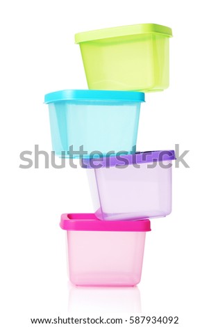 Stack of Colorful Plastic Containers on White Background
