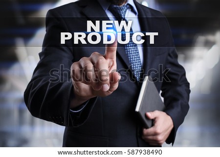 Businessman is pressing button on touch screen interface and selecting new product.