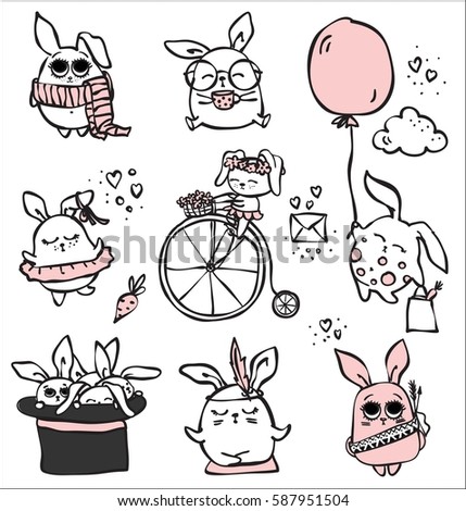 Cute rabbits doodle kid set. Simple design of cute rabbits and other individual elements perfect for kid's card, banners, stickers and other kid's things.