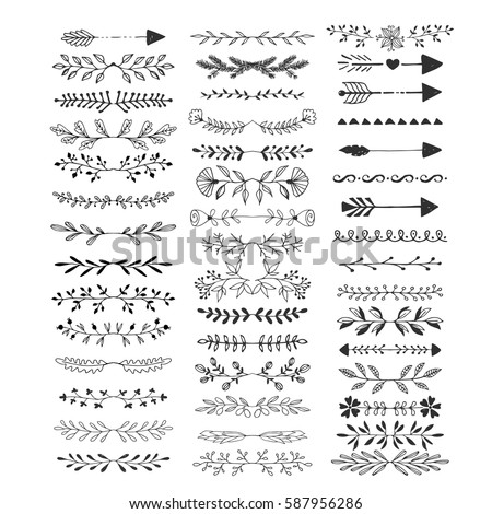 Hand drawn text dividers. Line borders and laurel design elements. Arrows. Vector. Isolated