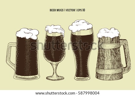 Vector hand drawn beer bottle mug, cup, glass. Illustration set