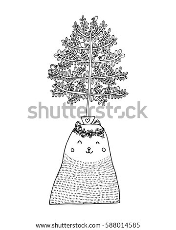 Cat with Tree Vector, Zen tangle stylized cartoon, Hand drawn sketch for adult coloring page, T-shirt emblem, logo or tattoo with doodle.
