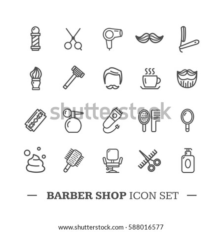 Barber Shop Icon Thin Line Set Style Equipment for Shaving and Grooming. Vector illustration