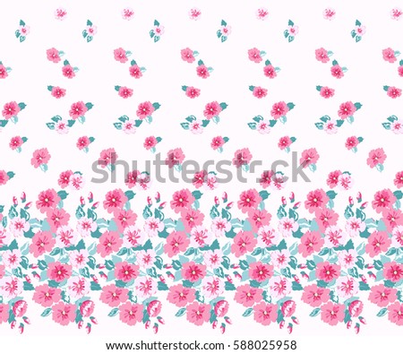 Simple border in small-scale cute pink flowers. Millefleurs. Floral seamless background for home textile, woman dress, book covers, manufacturing, wallpapers,  gift wrap and scrapbooking. Satin print.