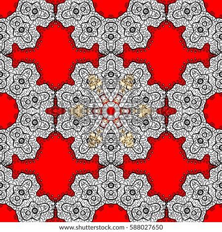 Golden pattern on red background with golden elements. Vector golden seamless pattern. Flat hand drawn vintage collection. Backdrop, fabric, gold wallpaper.