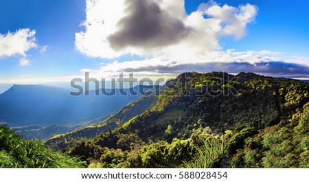 summer green jungle mountain with fog, blue sky and clouds., landscape background.
