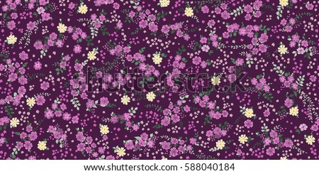 Elegant gentle trendy pattern in small-scale purple and yellow flower. Millefleurs. Liberty style. Floral background for textile, cotton fabric, covers, wallpapers, print, gift wrap and scrapbooking.