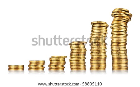 Columns of golden coins isolated on white