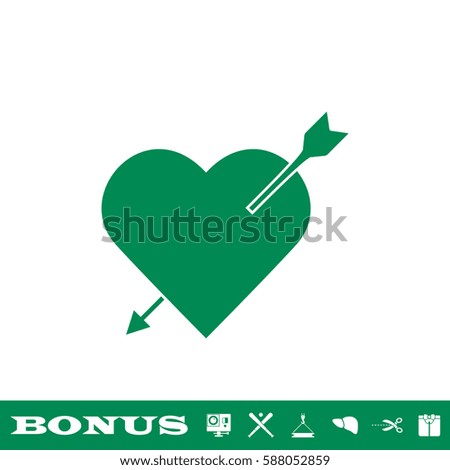 Heart with arrow icon flat. Green pictogram on white background. Vector illustration symbol and bonus button
