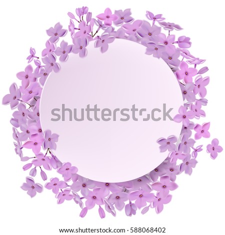 Greeting card with lilac, can be used as invitation card for wedding, birthday and other holiday and summer, spring background. Round frame for text flower, delicate wreath. Vector illustration EPS10