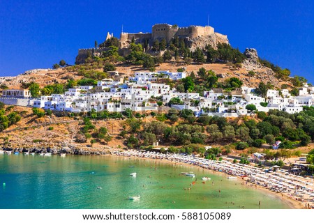 Rhodes island - famous for historic landmarks and beautiful beaches .Greece Royalty-Free Stock Photo #588105089