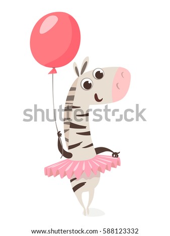 Cute vector zebra character with a balloon. Cool for children birthday card. 