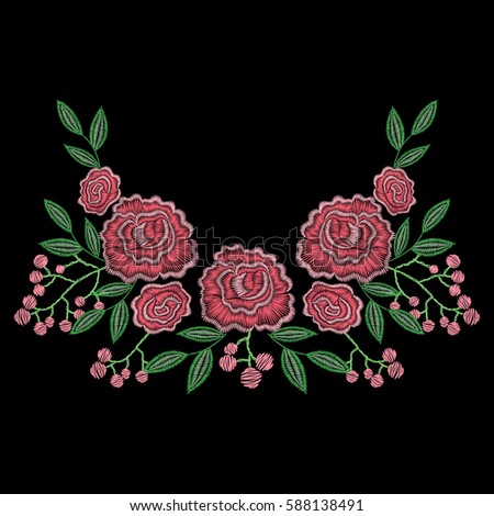 Embroidery stitches with rose flowers, berries for neckline. Vector fashion embroidered ornament, pattern on black background for textile, fabric traditional folk decoration.
