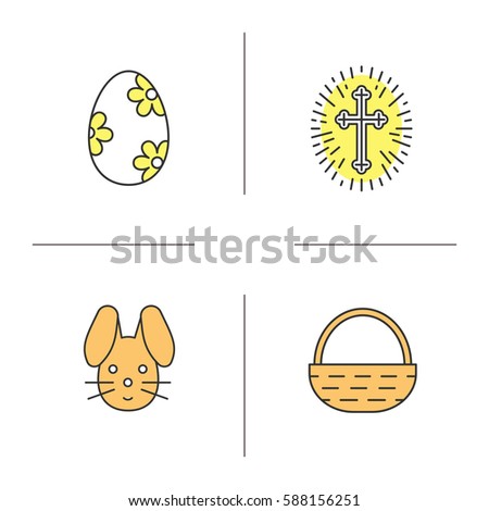 Easter color icons set. Church crucifix with light around, Easter bunny, egg with flowers pattern, basket. Isolated vector illustrations