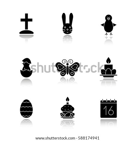 Easter drop shadow black icons set. Cross on hill, newborn chicken in egg shell, Easter bunny, eggs with cake and candles, April 16 calendar, butterfly. Isolated vector illustrations