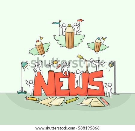 Cartoon working little people with word News. Doodle cute miniature scene of workers about journalism. Hand drawn cartoon vector illustration for mass media design.