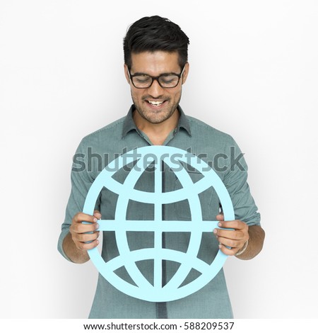 A man holding global community sign