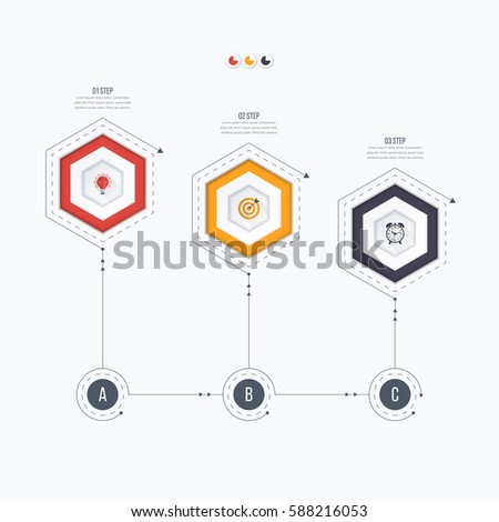 Infographics template 3 options with hexagon. Can be used for workflow layout, diagram, number options, step up options, web design, presentations