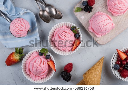 Berry ice cream with fresh fruits, copy space