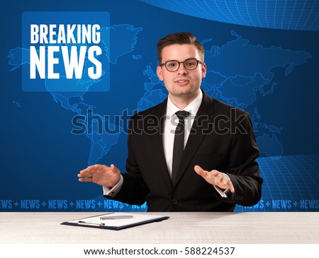 Television presenter in front telling breaking news with blue modern background concept Royalty-Free Stock Photo #588224537