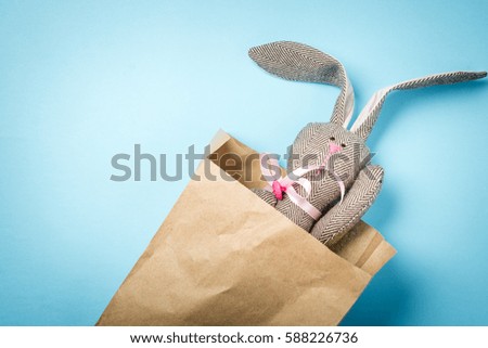 Easter bunny in a paper bag. Rabbit. Blue background. Easter ideas. Easter eggs. Space for text.