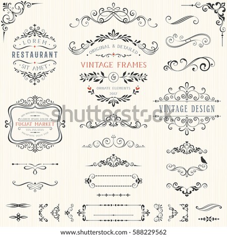 Ornate vintage design elements with calligraphy swirls, swashes, ornate motifs and scrolls. Frames and banners. Vector illustration.