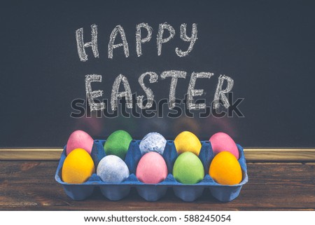 Chalkboard with the words Happy Easter,  eggs