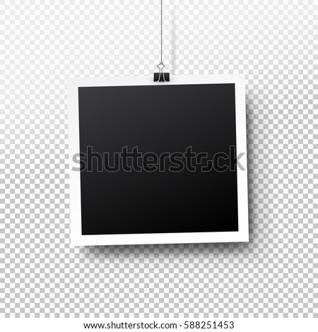 Blank photo frame set hanging on a clip. Retro vintage style. Black empty place for your text or photo. Realistic detailed photo icon design template. Vector solated on transparent background.