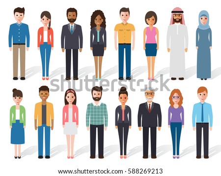 Group of  working people diversity, diverse business men and business women standing on white background. Vector illustration of flat design people characters.