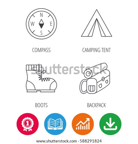 Backpack, camping tend and hiking boots icons. Compass linear sign. Award medal, growth chart and opened book web icons. Download arrow. Vector