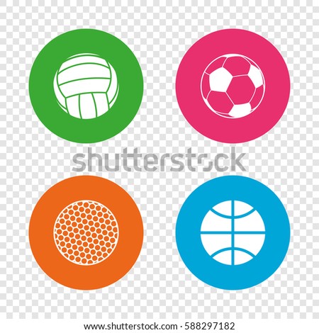 Sport balls icons. Volleyball, Basketball, Soccer and Golf signs. Team sport games. Round buttons on transparent background. Vector
