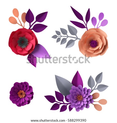 3d render, digital illustration, decorative paper flowers, craft collection, floral design elements set, clip art isolated on white background