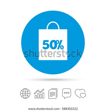 50% sale bag tag sign icon. Discount symbol. Special offer label. Copy files, chat speech bubble and chart web icons. Vector