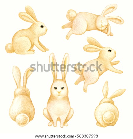 watercolor illustration, sunny bunny, cute yellow rabbits, easter design elements, animal clip art collection