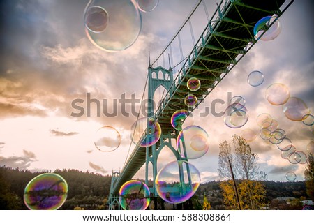 Bubbles under the St. John's Bridge in Portland at Sunset