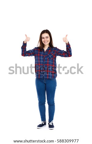 Young woman showing OK sign on white background 
