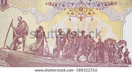 Salt March, also known as the Dandi March on Indian currency 500 rupee banknote, India money closeup Royalty-Free Stock Photo #588322316