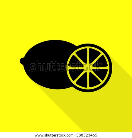 Fruits lemon sign. Black icon with flat style shadow path on yellow background.