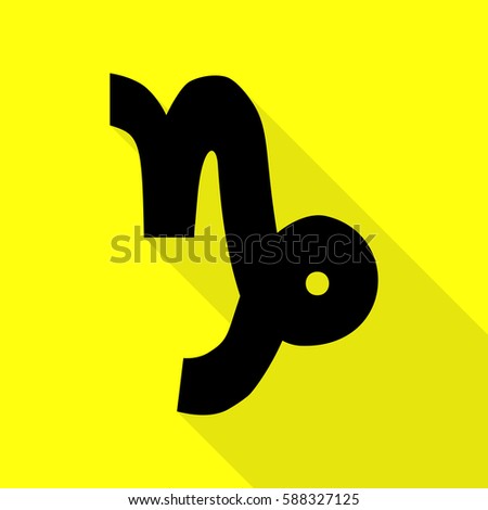 Capricorn sign illustration. Black icon with flat style shadow path on yellow background.