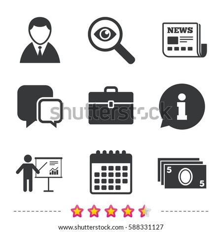 Businessman icons. Human silhouette and cash money signs. Case and presentation with chart symbols. Newspaper, information and calendar icons. Investigate magnifier, chat symbol. Vector